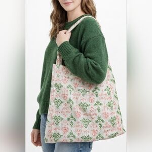 Free People Holiday Gauze Tote Bag Cream Red Green Snowflake Christmas Purse